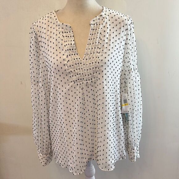CeCe white long sleeve blouse with black dots Size M New - Picture 1 of 11